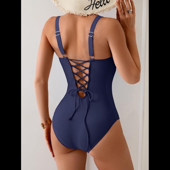 Women's V Neck Lace Up Back One Piece Bathing Suit - Picture 2 of 7